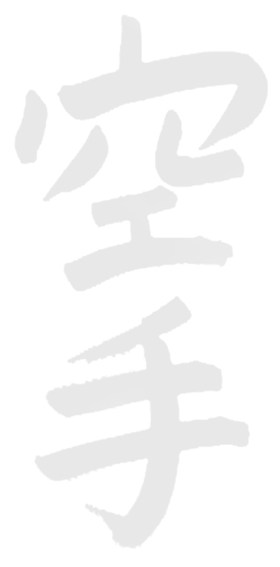 Background is Japanese calligraphy for "Kara Te" - Empty Hand